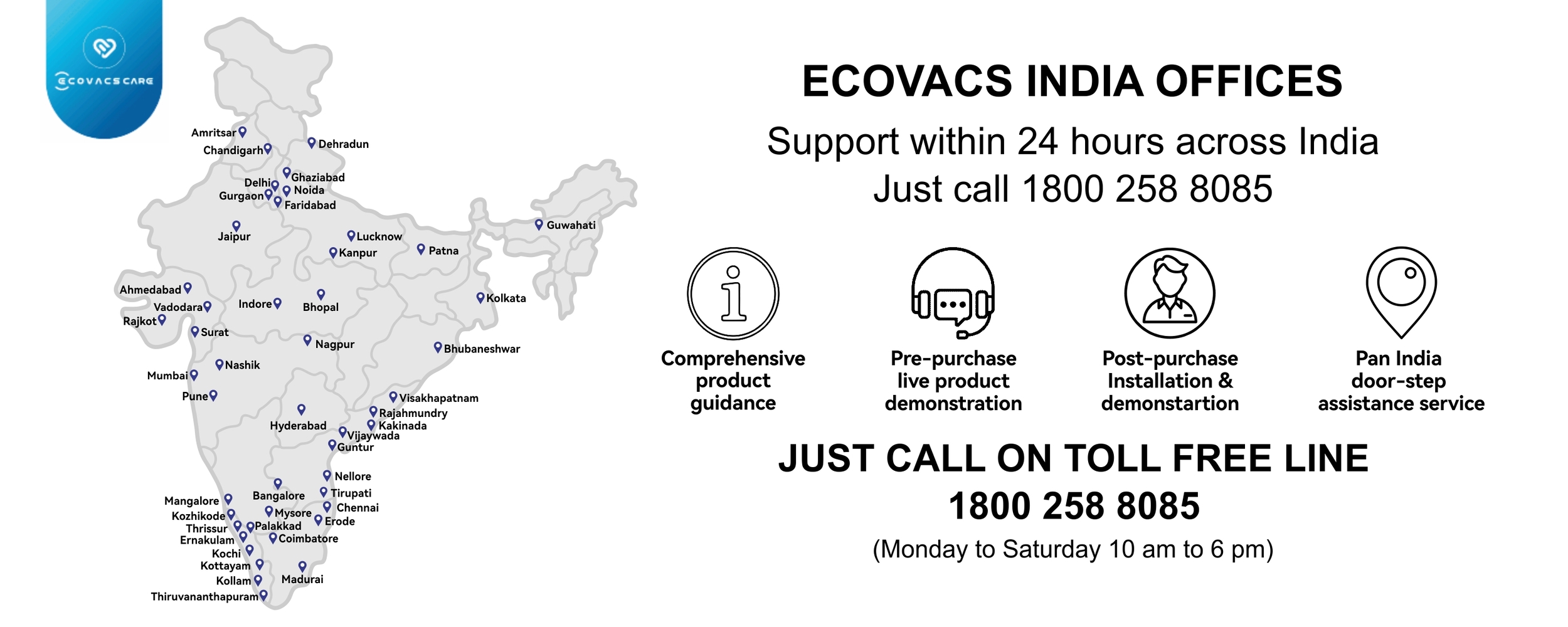 ECOVACS India Offices - Support within 24 hours across India, Pan-India doorstep assistance service, Toll Free 1800 258 8085
